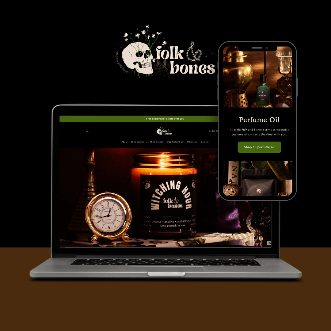 A laptop and smartphone displaying a website for 'folk & bones' perfume oil, set against a dark background with the brand logo above. The screens show a moody candle and perfume oil product presentation.