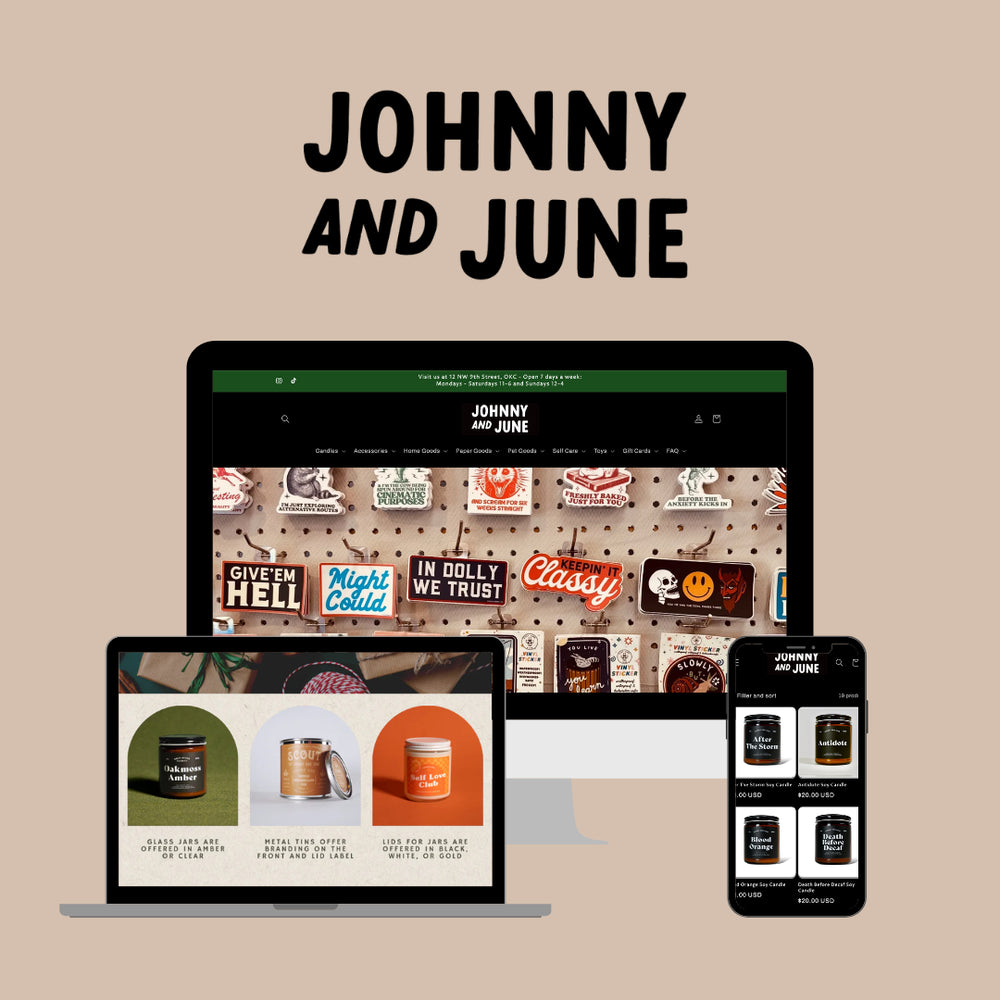 Digital mockup of the Johnny and June brand website shown across desktop, laptop, and mobile screens on a beige background, with the brand name 'JOHNNY AND JUNE' in large black text at the top.