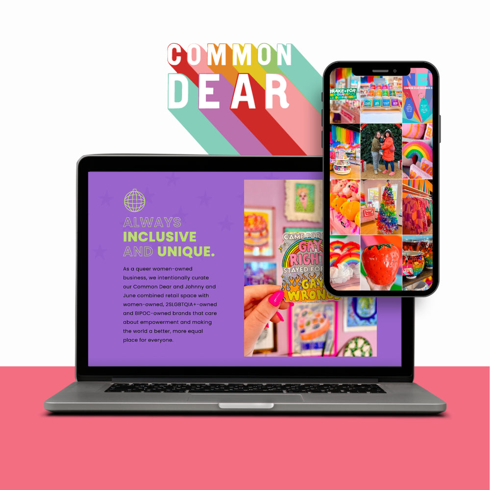 A laptop and smartphone displaying colorful digital storefront screens for Common Dear, set against a white background with a pink lower section and a large 'COMMON DEAR' logo above.