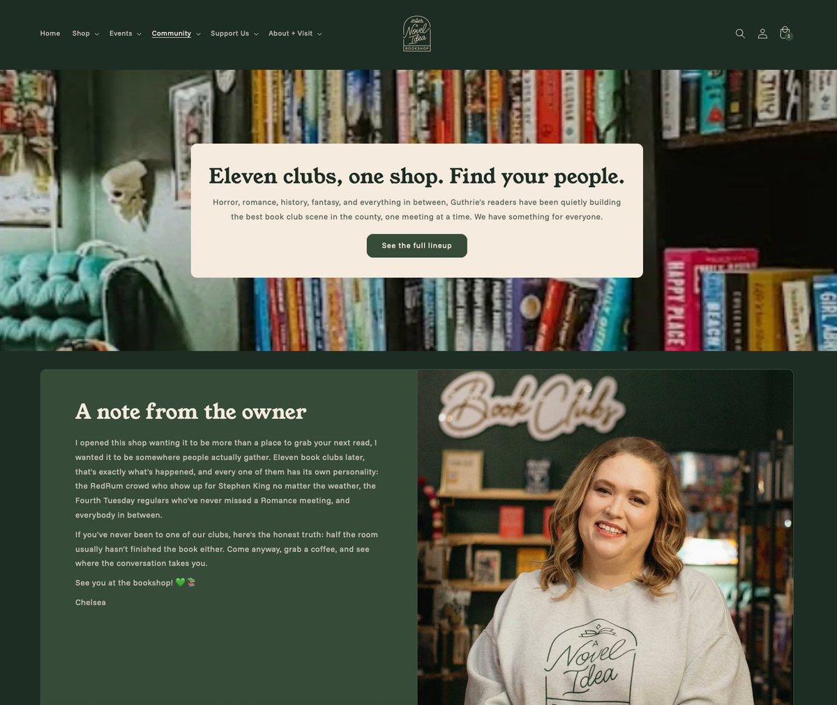 A screenshot of a website homepage for a book club shop, featuring a dark green header, a banner with the text 'Eleven clubs, one shop. Find your people.