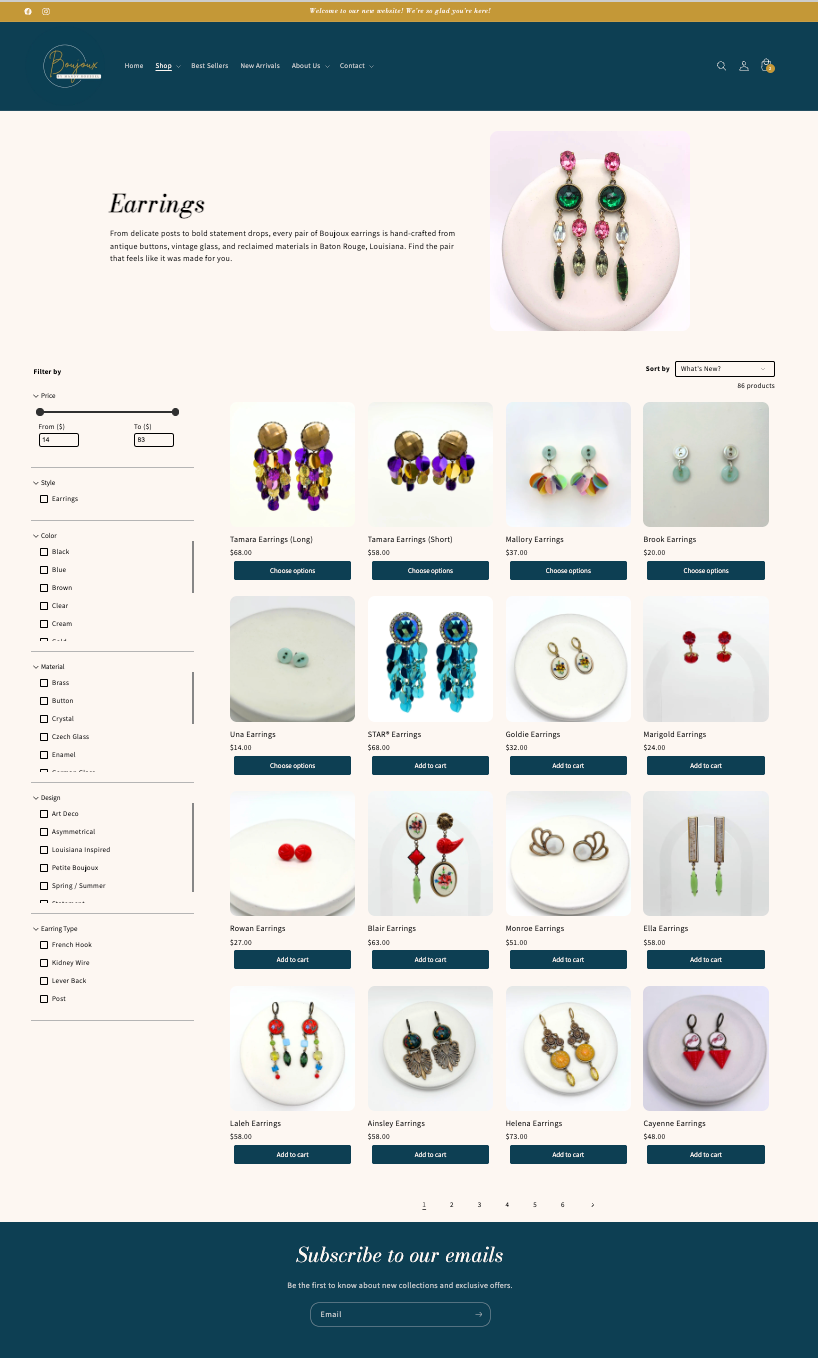 A screenshot of an e-commerce website displaying a collection of colorful handmade earrings. The page features a top banner, a left sidebar with filtering options, and a grid of product tiles showing various pairs of earrings on white circular stands.